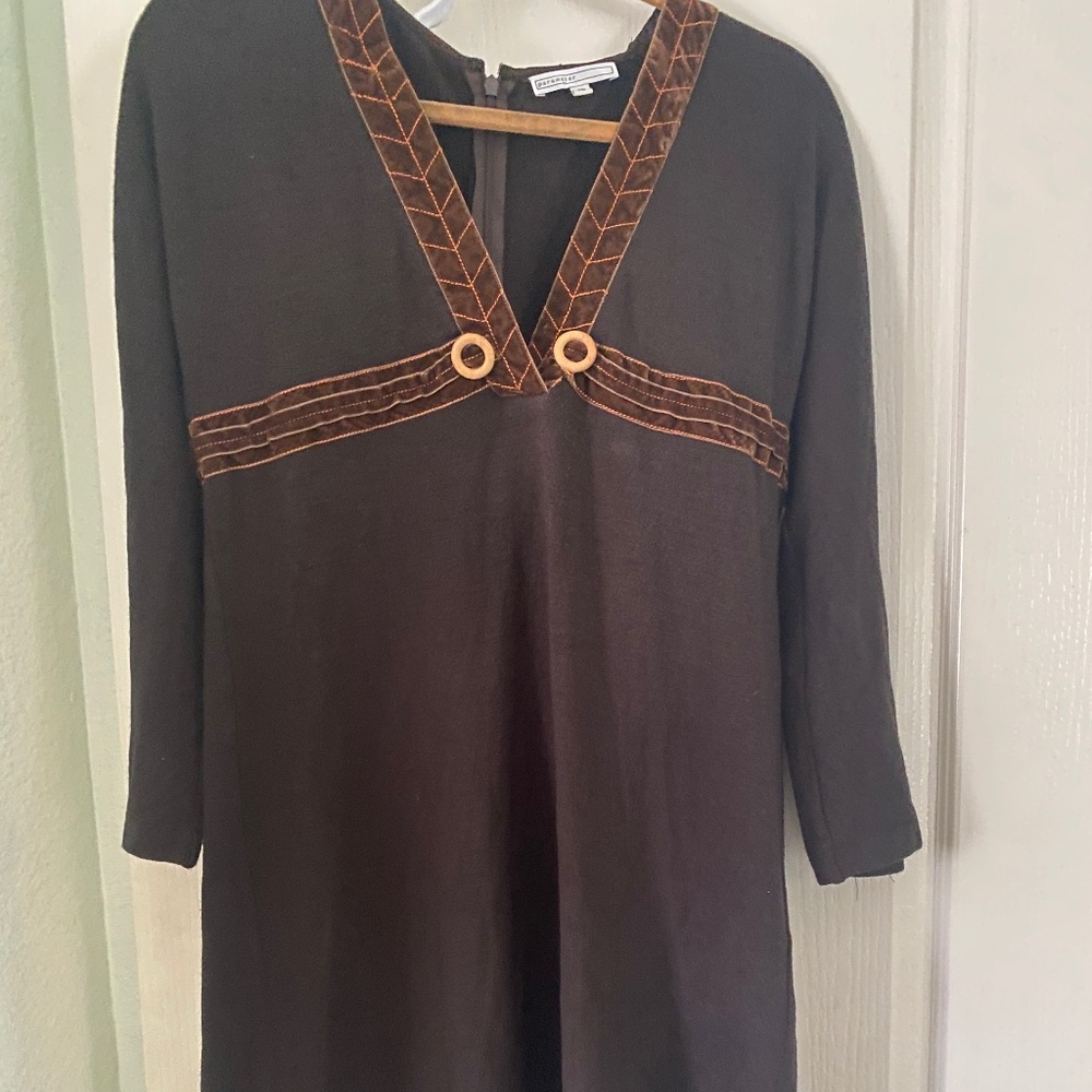 Parameter Dark Brown Sweater Long Sleeve Dress With Velvet Trim